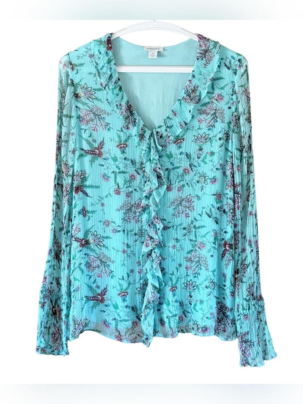 Sundance Floral Ruffle Blouse Boho Turquoise Romantic Sheer Sleeves Women’s XS